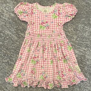 EUC olive Mae Pink Gingham with floral print twirl Dress ruffle hem size 4
